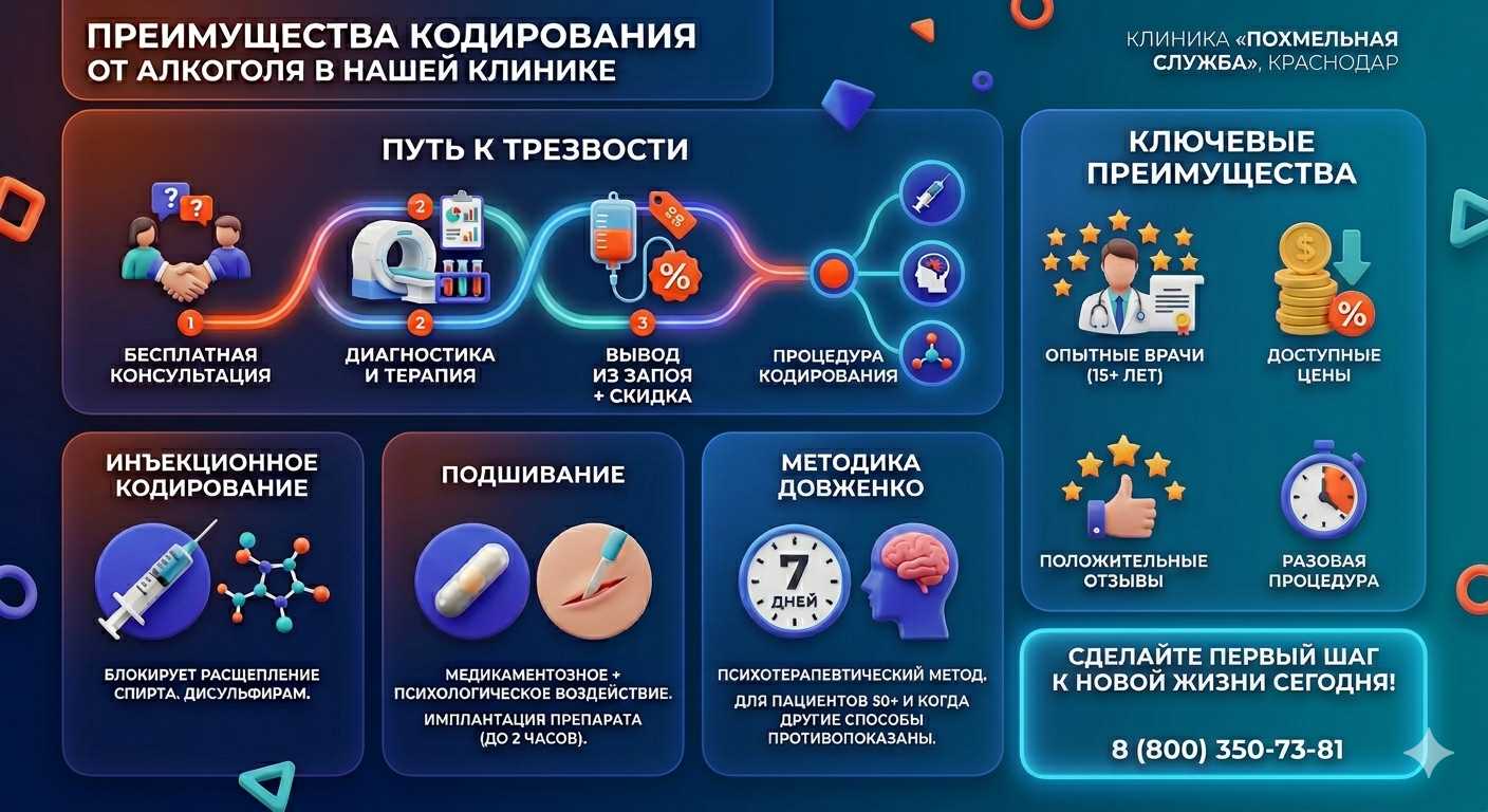Инфографика о методах кодирования от алкоголя в Ужуре: инъекции, подшивание, метод Довженко. Преимущества клиники и этапы лечения.